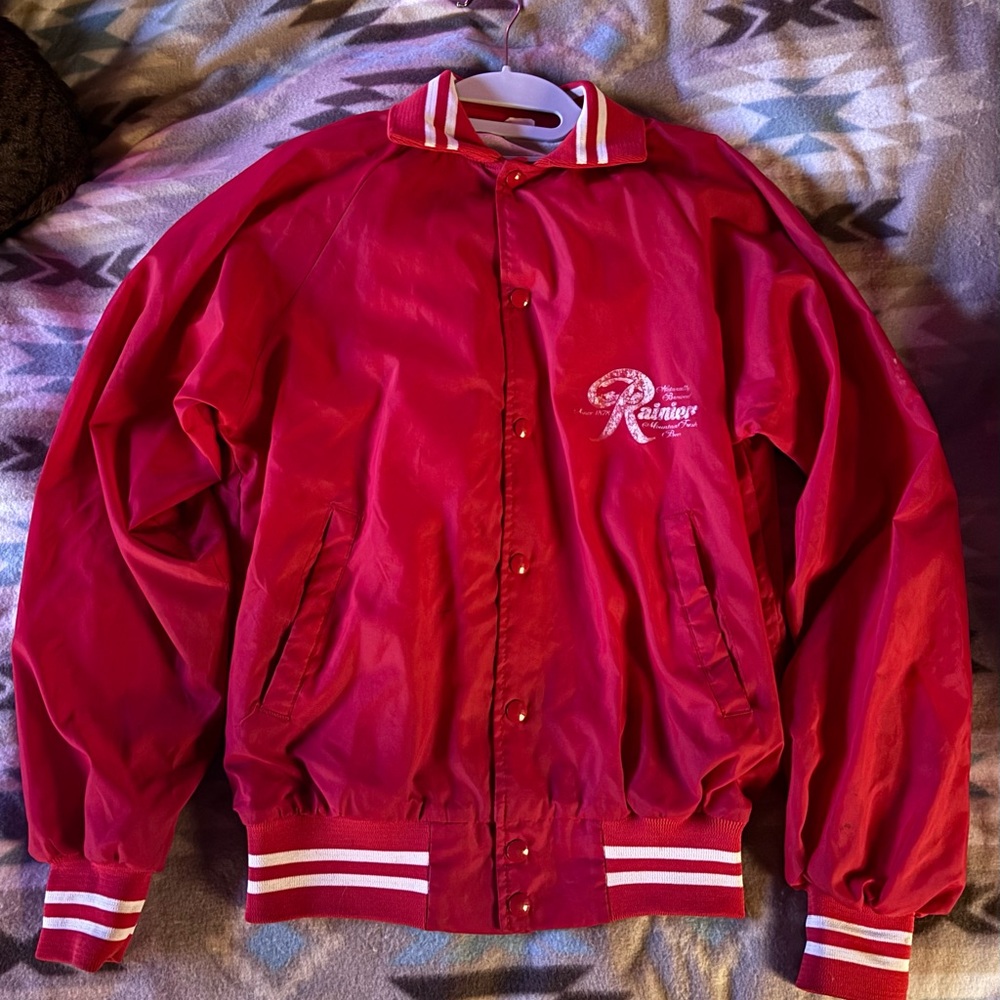 Red vintage Rainier beer varsity jacket, unisex, size small